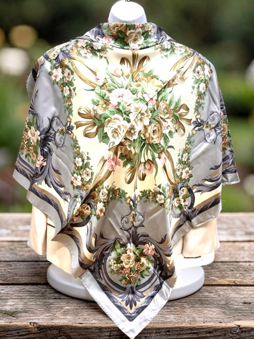 Beautiful  Lancel Paris 100% Silk Satin Scarf 34" beige olive green floral  (34